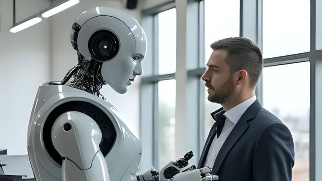 Man standing in front of robot