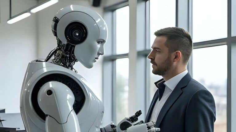 Man standing in front of robot