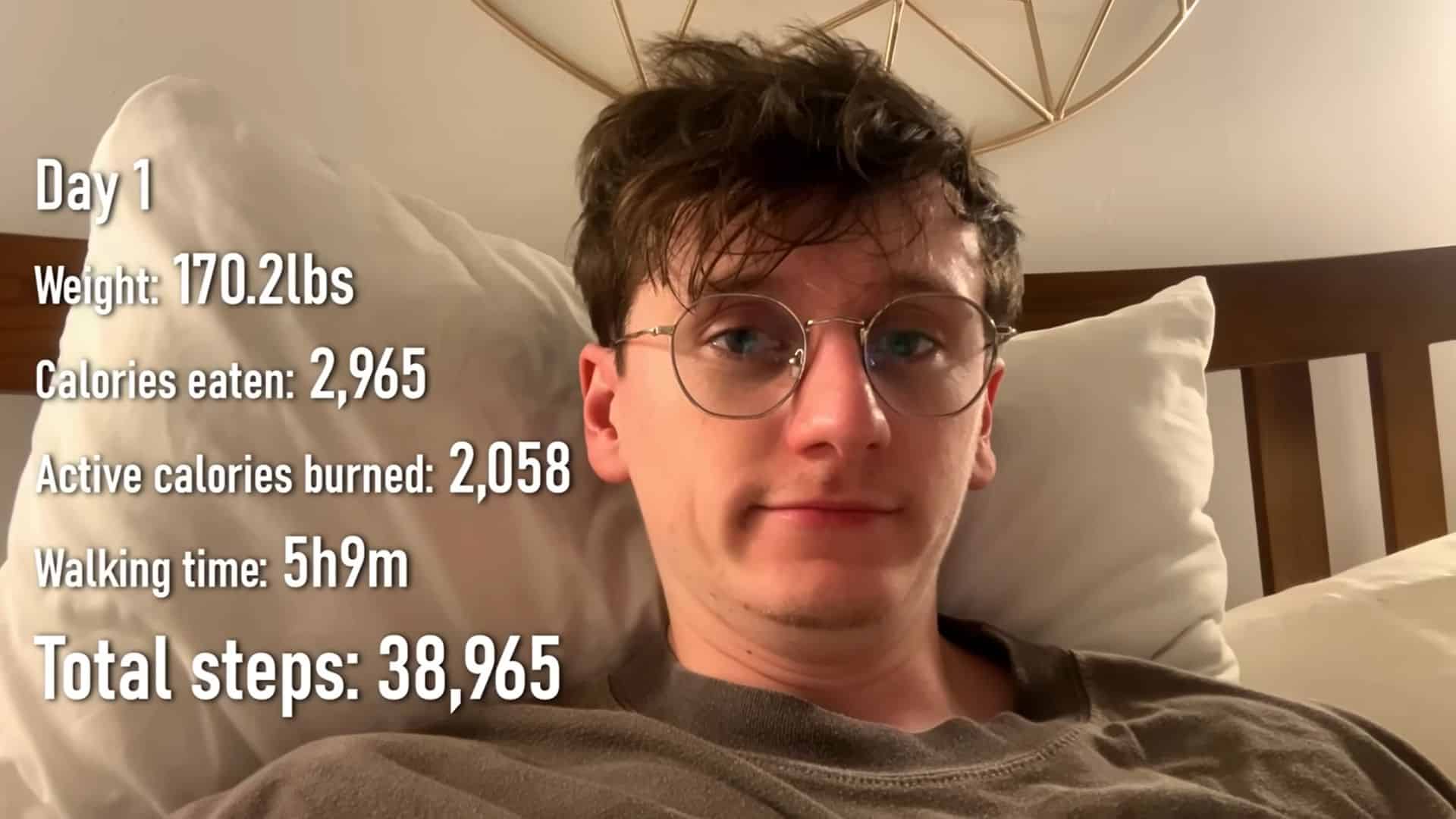 Screen shot from a popular YouTube video describing stats of total steps taken on day 1 of walking challenge