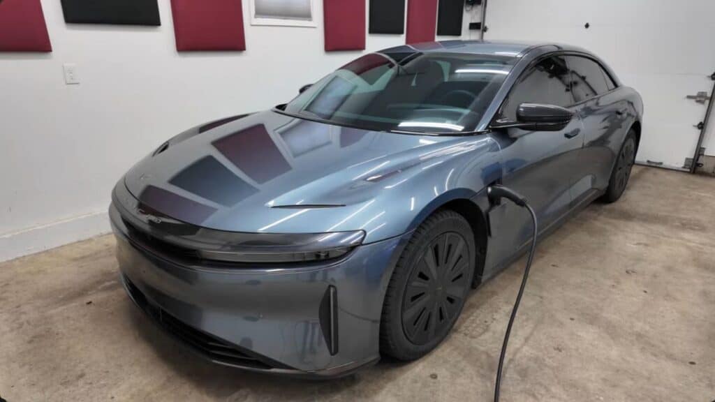 Grey Lucid Air Touring parked in a garage