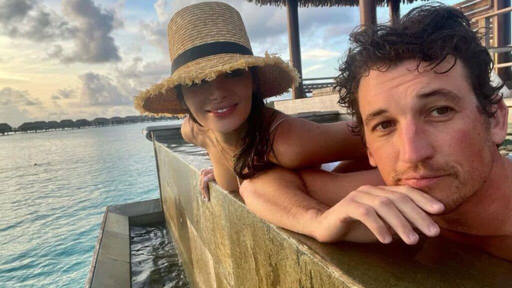 Miles Teller poses on vacation with his wife Keleigh