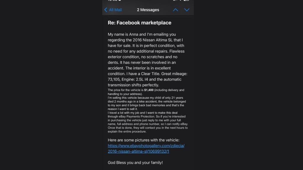 Screenshot showing scammer tactics on Facebook Marketplace