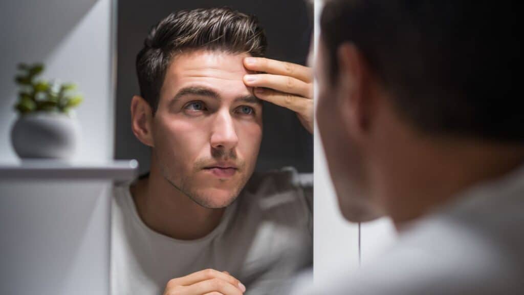 man looking at his wrinkles in mirror
