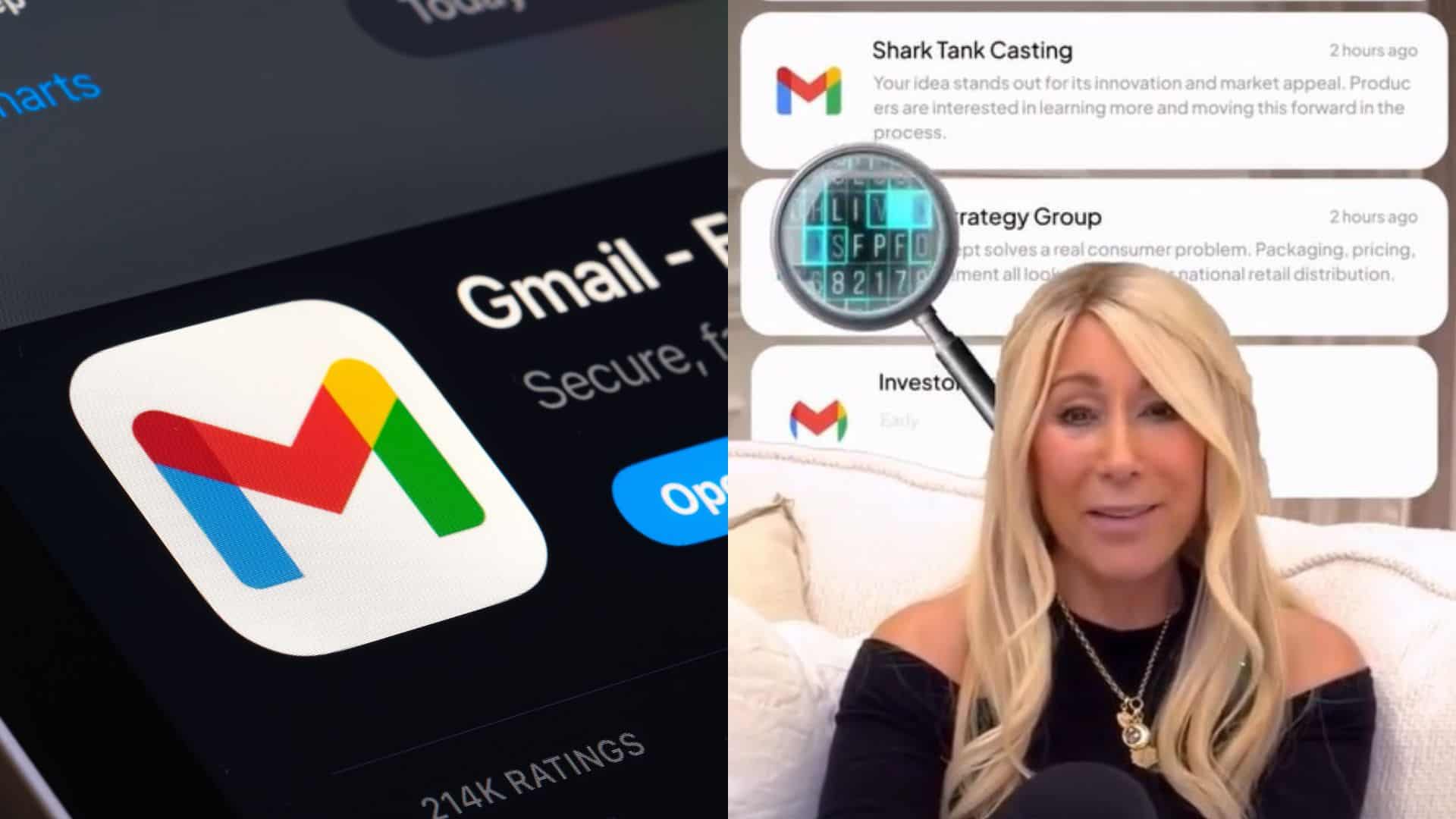 woman with a background of gmail screenshots