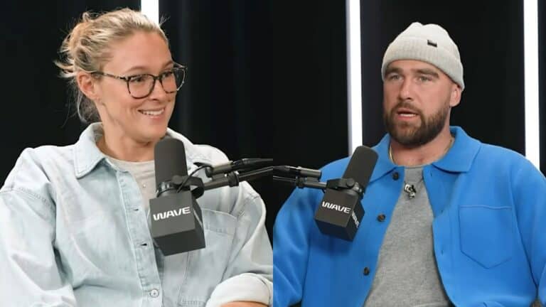 Travis Kelce being interviewed by his sister-in-law Kylie Kelce