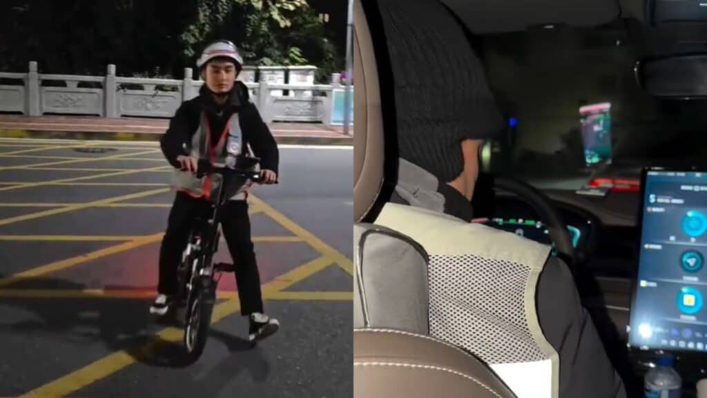 Man on e bike and then driving a car