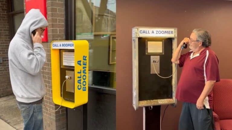 A young man talking to an old man through a payphone