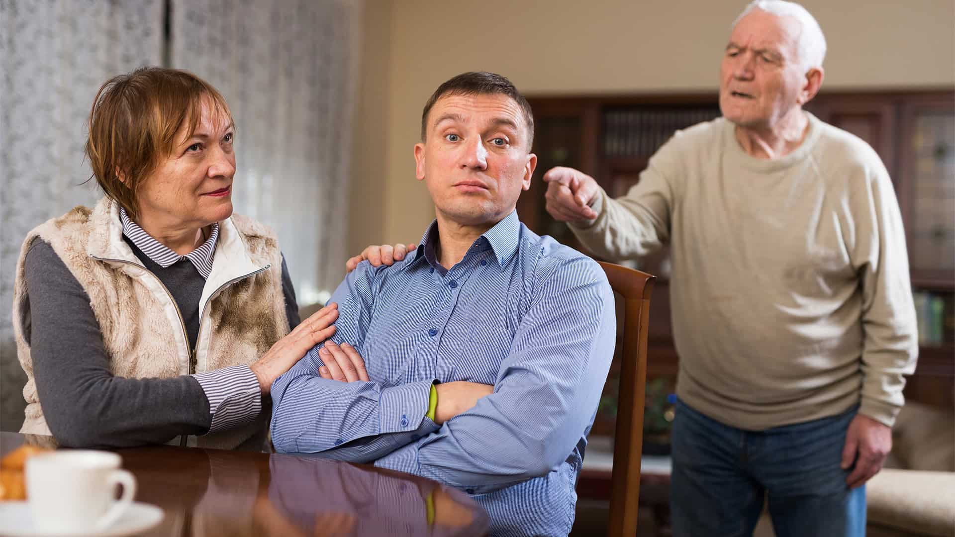 Parents argue with adult man.