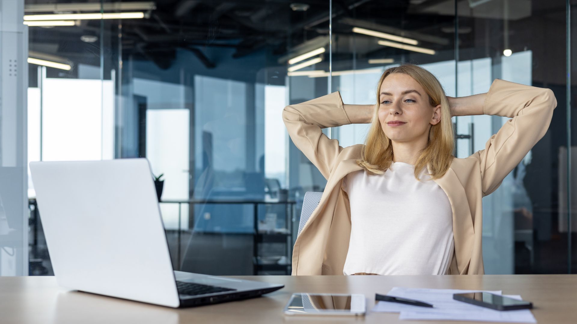 A woman takes a break at her workplace