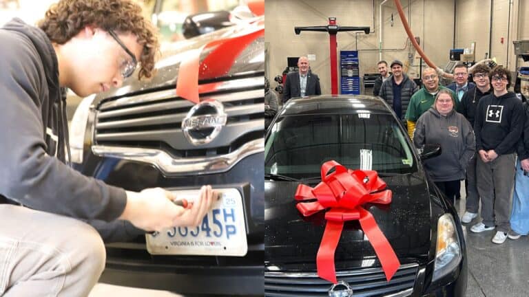 a young man fixing car and gifting to a women with a group