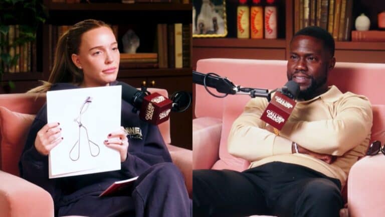 Alex Cooper holding a photo of eyelash curler which Kevin Hart is guessing