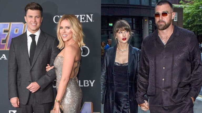 Colin Jost with Scarlett Johansson (left), Taylor Swift with Travis Kelce (right)