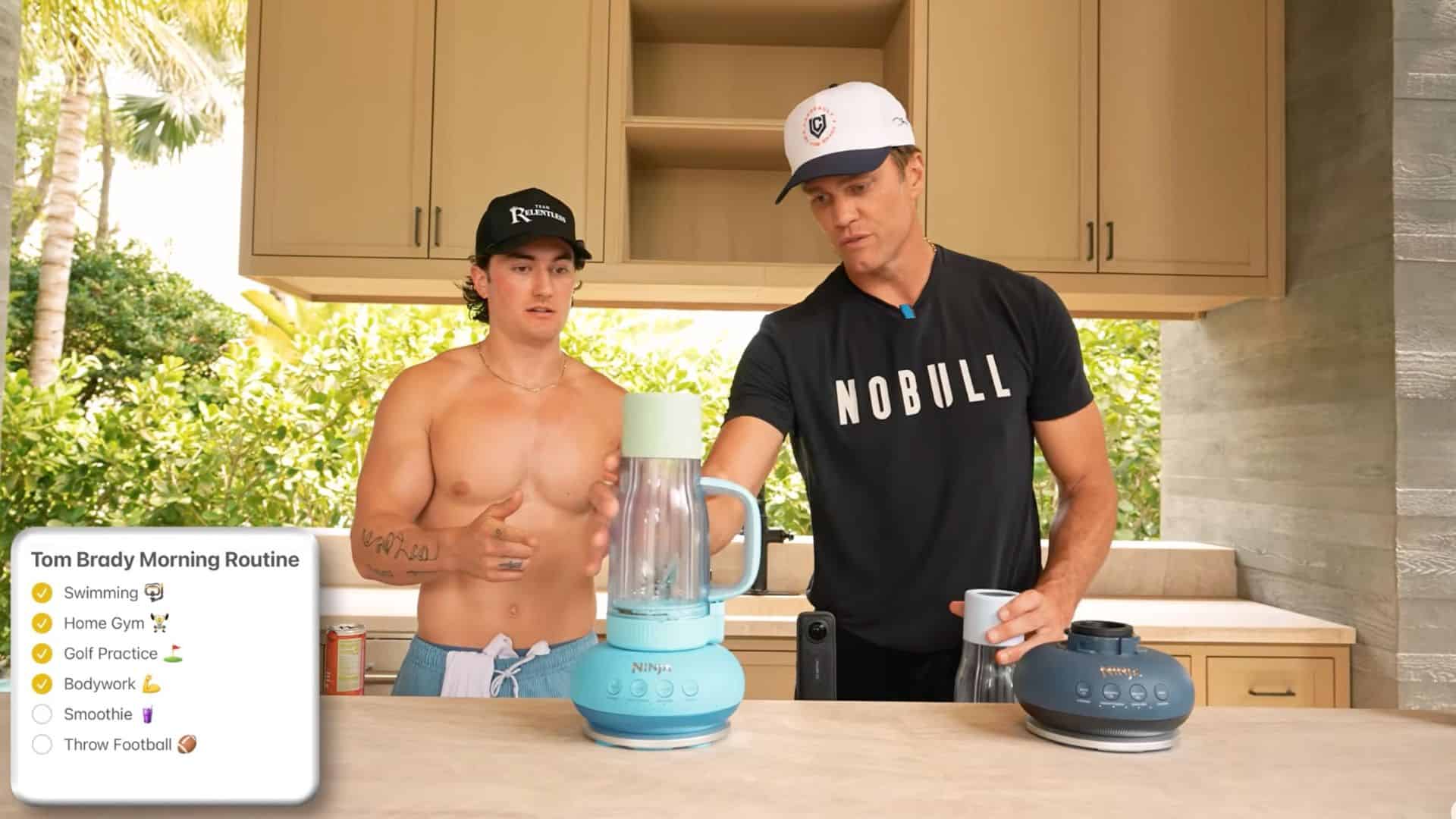Tom Brady and Jesse James West get ready to make a smoothie