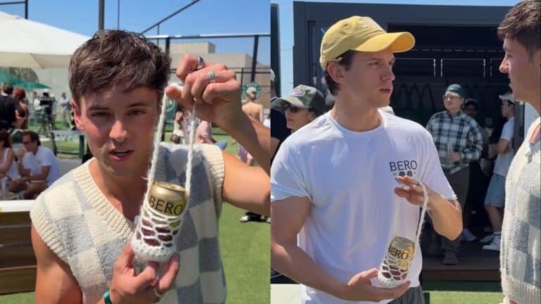 Tom Daley and Tom Holland holding hand-crocheted beer can holder