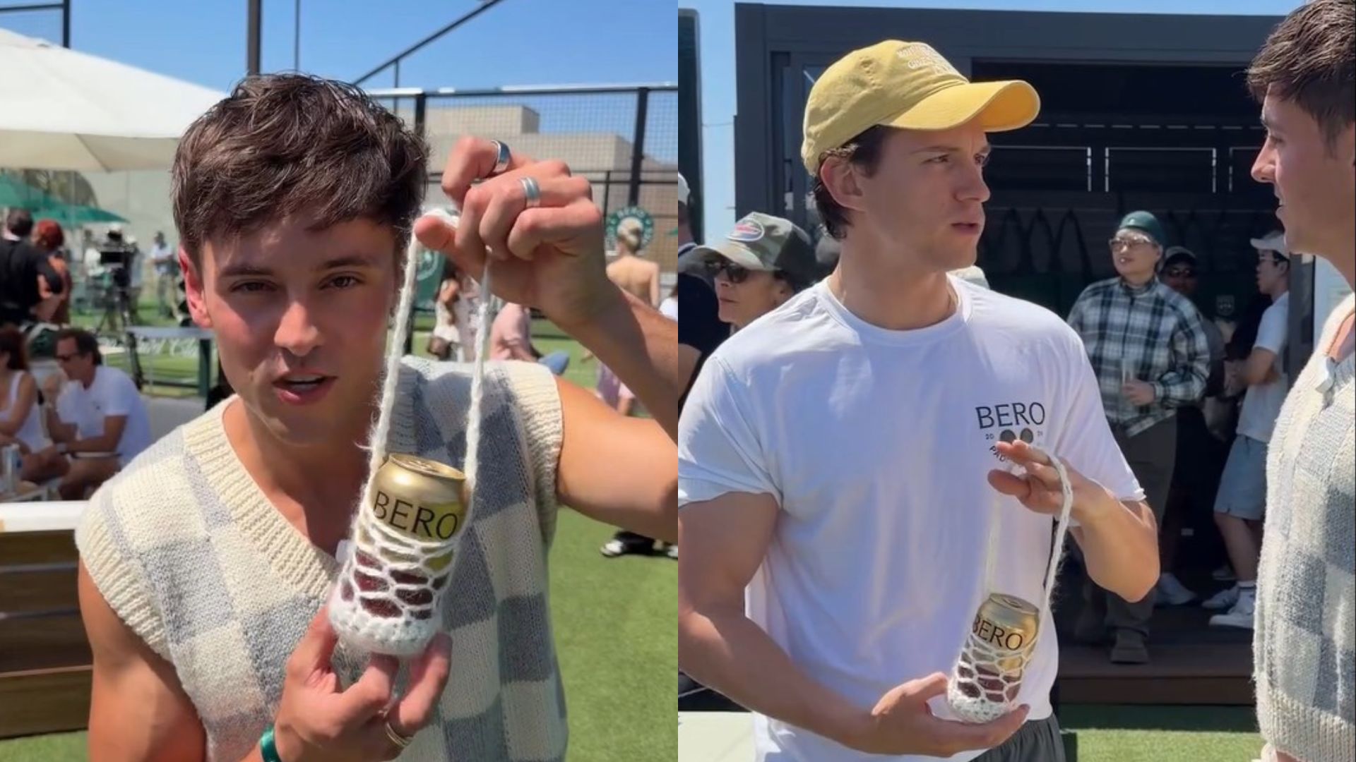 Tom Daley and Tom Holland holding hand-crocheted beer can holder