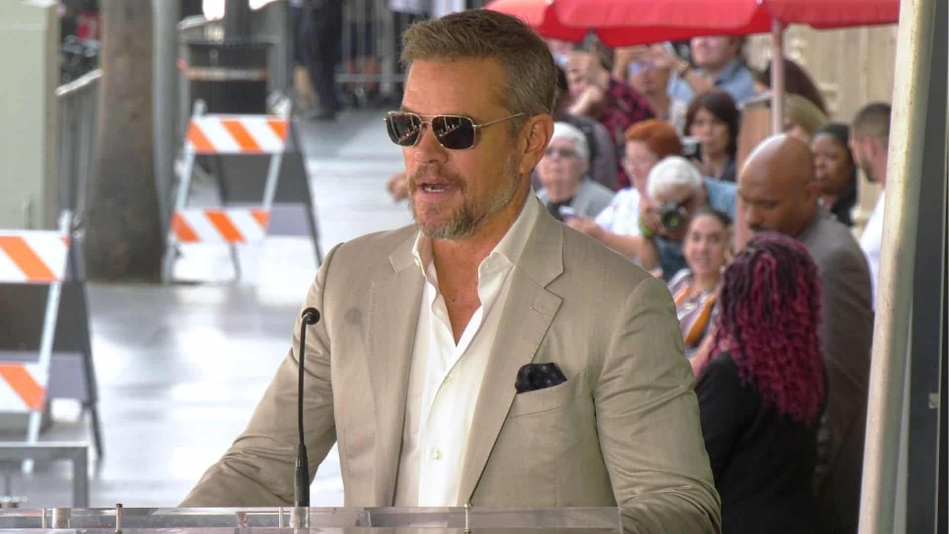 Matt Damon giving a speech at Emily Blunt and Stanley Tucci's Hollywood Walk of Fame star ceremony