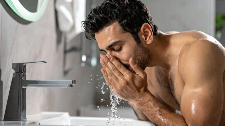 A man washing his face over the sink