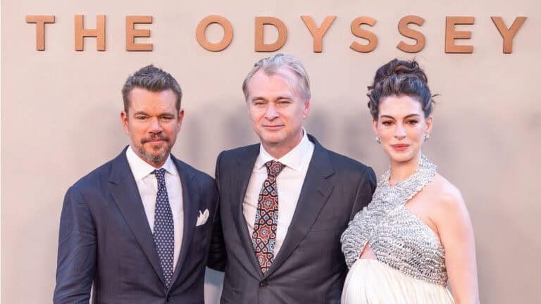 Matt Damon, Christopher Nolan and Anne Hathaway attend premiere of 'The Odyssey' at AMC Lincoln Square in New York.
