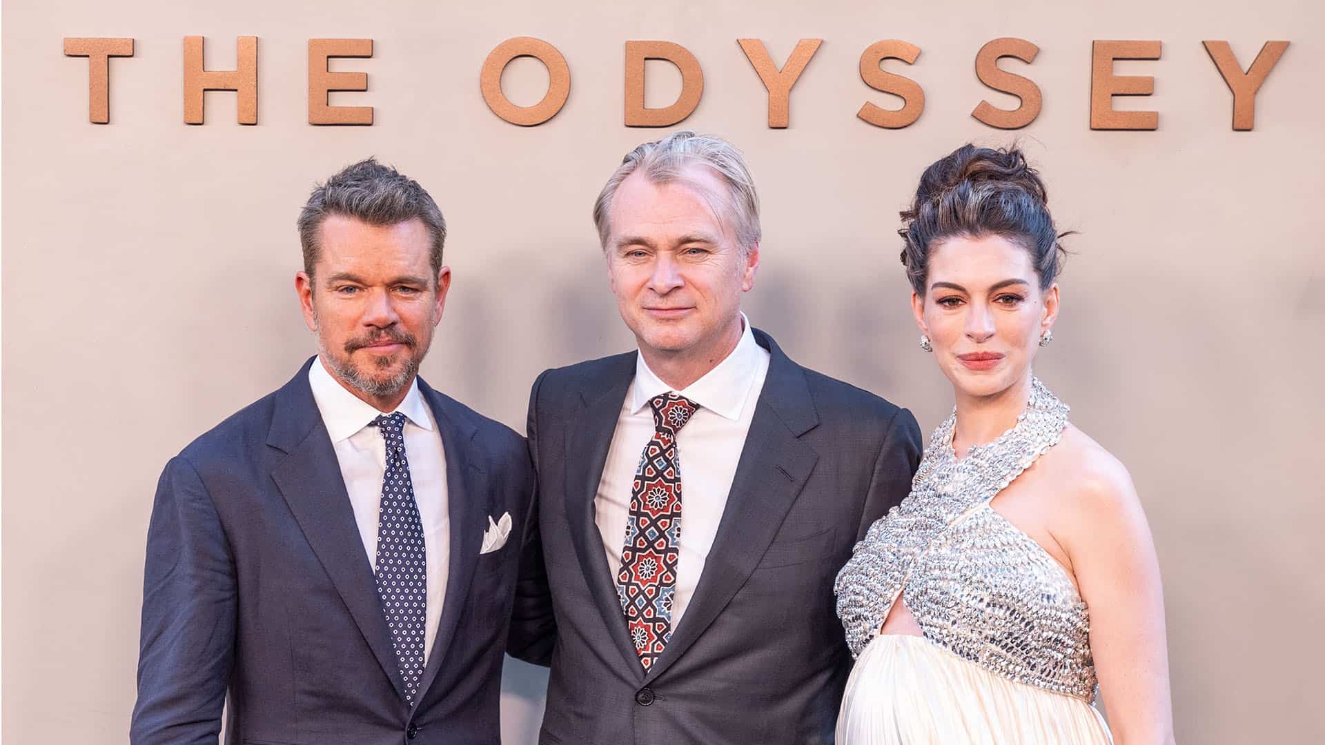Matt Damon, Christopher Nolan and Anne Hathaway attend premiere of 'The Odyssey' at AMC Lincoln Square in New York.